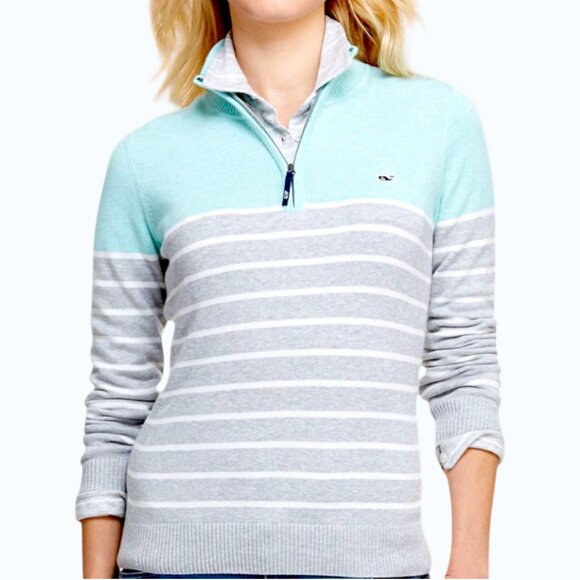 Vineyard Vines Sweaters - Vineyard Vines 1/4 Zip Stripe Knit Sweater - Aqua/Gray Stripe - XL